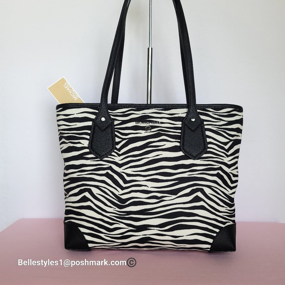 MICHAEL KORS Eva Small Nylon Tote with Animal Print- Black Multi ⭐$88.